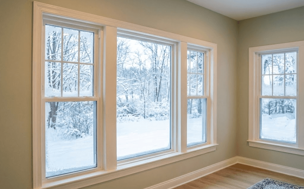 Windows look out onto a snowy landscape.