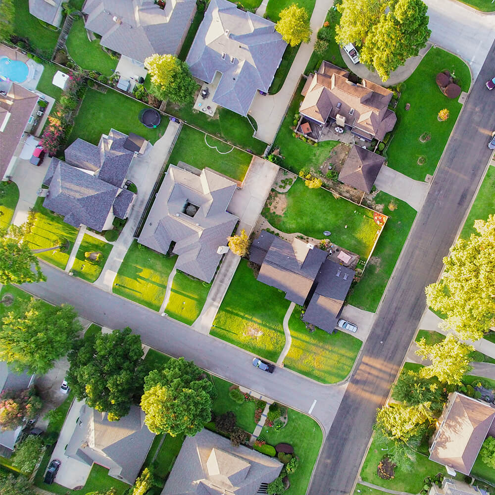 An aerial view of the type of neighborhood McCoy Roofing offers roof replacements in Omaha, Nebraska.