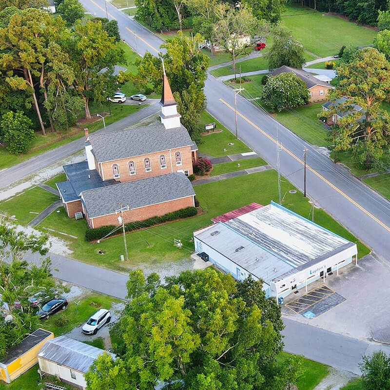 Photo of a church taken by a drone.